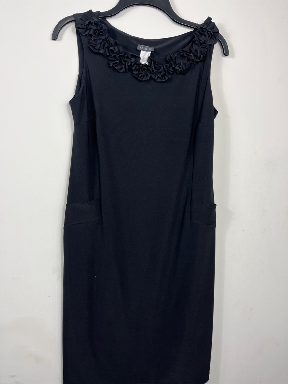 MSK Black Sheath Dress Size 8 | Ruffle Neck Sleeveless Midi Work Career Classic